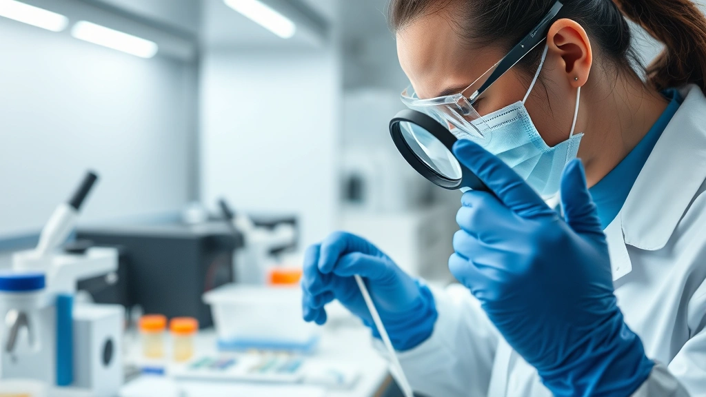 Forensic scientist in laboratory examining evidence with magnifying glass and documentation, wearing protective gloves, professional medical/forensic setting with equipment and samples, concentrated expression, clean modern lab environment