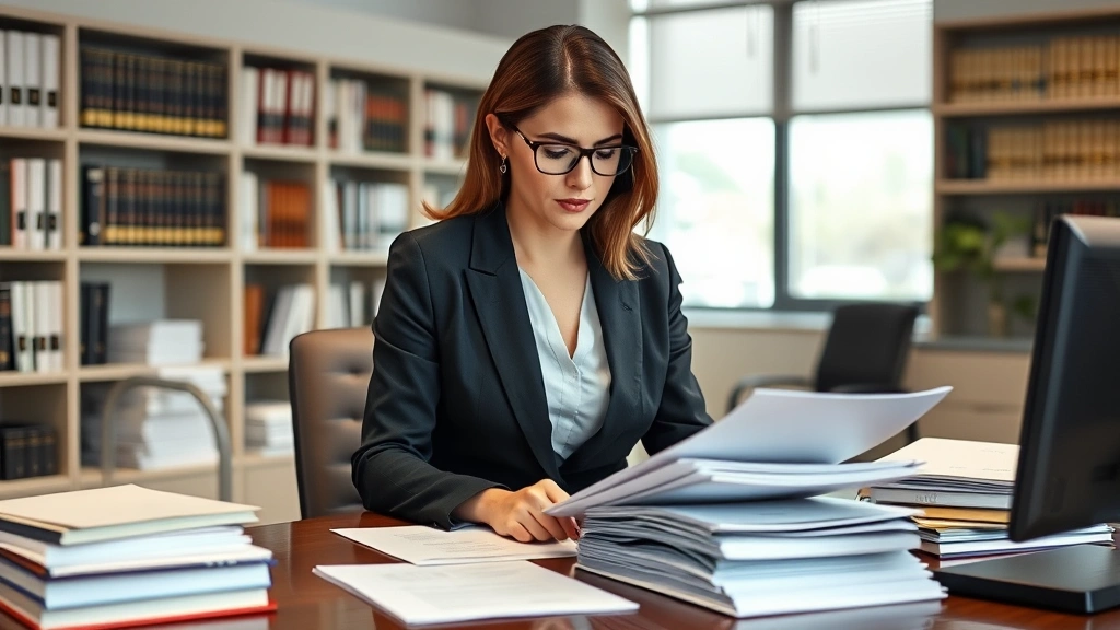 Female prosecutor in professional business suit reviewing case files at desk in modern law office, surrounded by documents and legal materials, thoughtful expression, professional office environment with bookshelves and windows in background