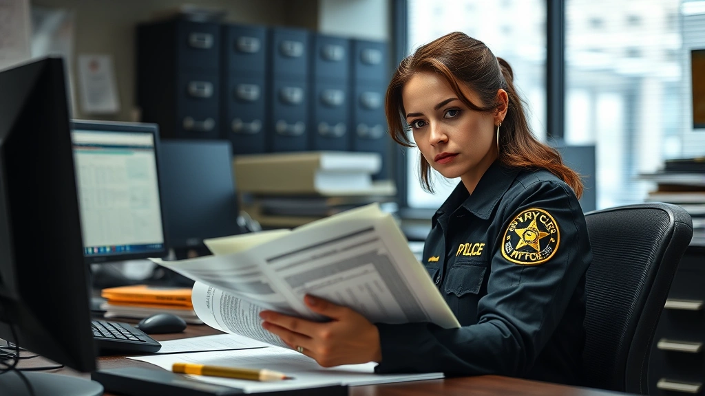 Professional female detective in NYPD bullpen reviewing case files and evidence documentation at desk, serious expression, modern office setting with computers and file cabinets