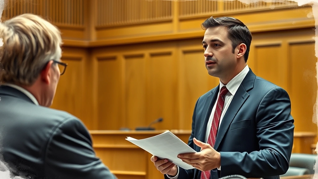 Male prosecutor in business suit presenting evidence in courthouse, professional demeanor, speaking to judge, formal courtroom environment with wood paneling