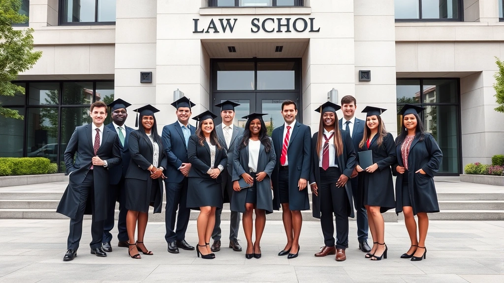 Diverse group of law graduates in business attire standing in front of law school building, confident professional poses, modern architecture background, representing legal education achievement and career milestones