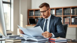 Professional male attorney in business suit reviewing legal documents at modern desk with law books and computer, serious focused expression, contemporary law office setting with natural lighting