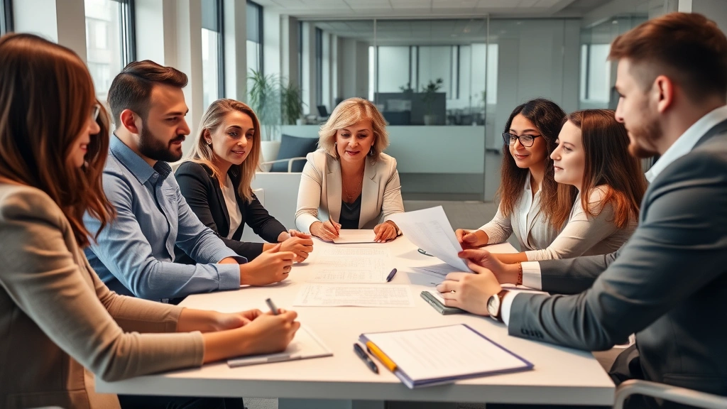 Diverse group of people in casual business attire sitting around conference table studying legal documents together, collaborative learning atmosphere, bright modern office environment with visible notepads