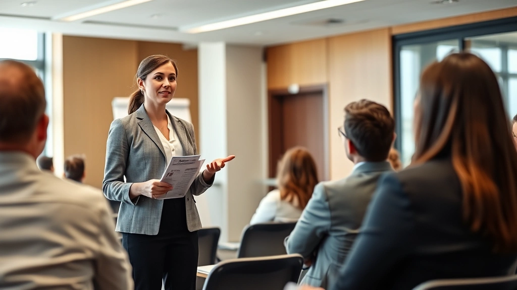 Female professional in business clothing presenting legal information to group of attentive listeners in seminar room, educational setting with presentation board visible, professional development atmosphere