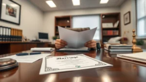 Professional legal office with marriage certificate and documents on desk, neutral lighting, formal setting, lawyer or legal professional reviewing paperwork, clean organized workspace