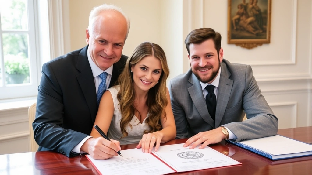 Diverse couple signing marriage license document at desk with official registrar present, formal legal setting, natural window lighting, official state seal visible on document