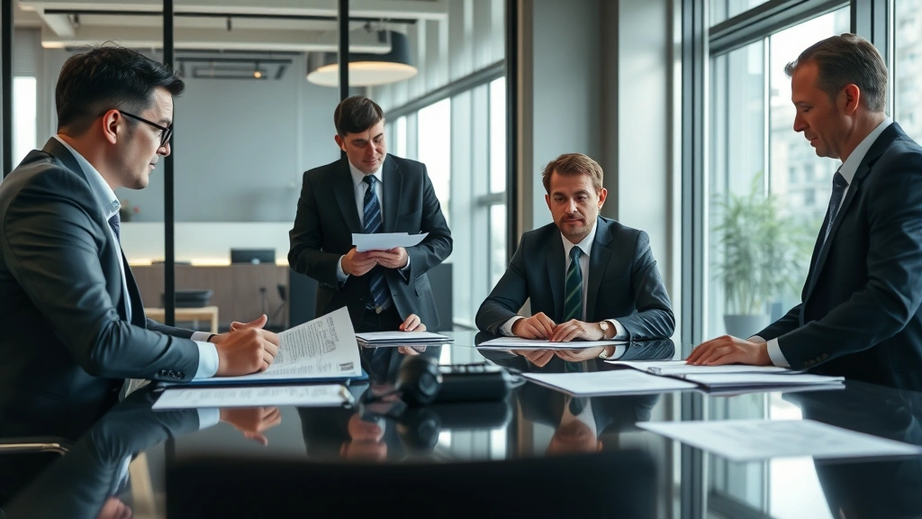 Professional film production meeting in modern office, producers and legal counsel reviewing contracts and documents at conference table, natural lighting, serious professional atmosphere, no text or signage visible