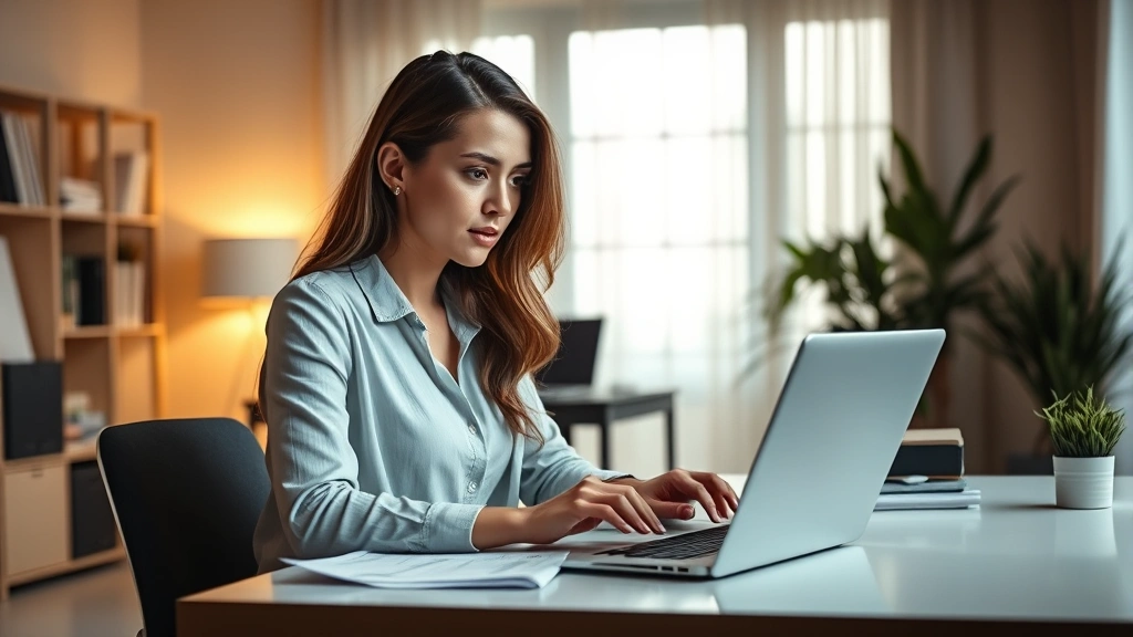 Professional woman working on laptop in modern home office, reviewing digital documents and taking notes, warm lighting, focused expression, minimalist desk setup