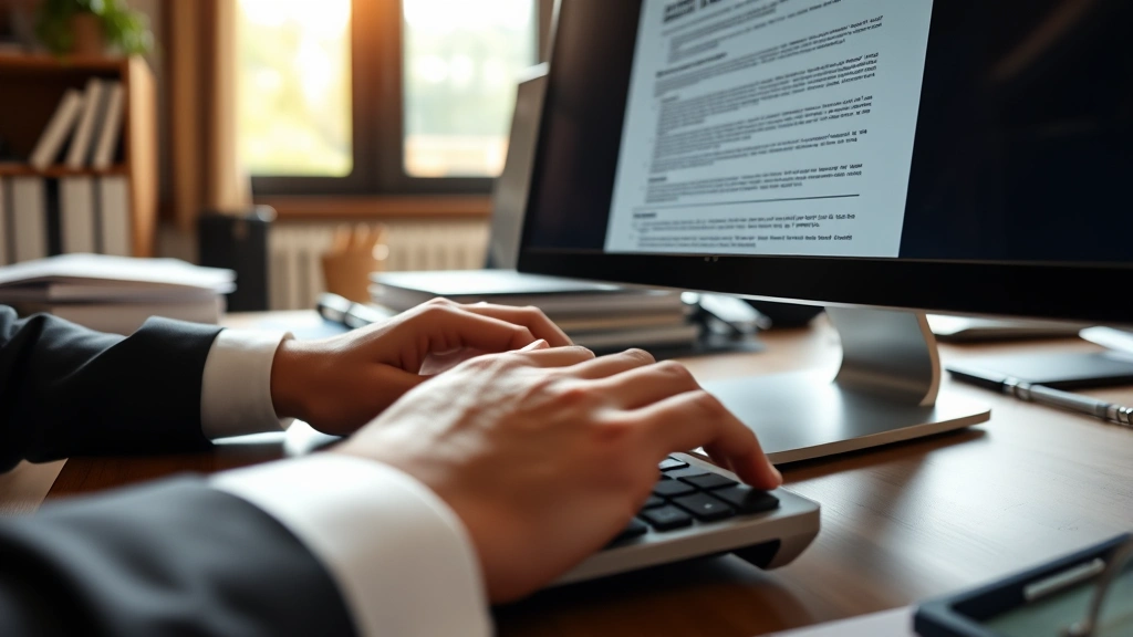 Close-up of hands typing on keyboard with legal document visible on monitor screen, professional setting, natural daylight through window, organized workspace