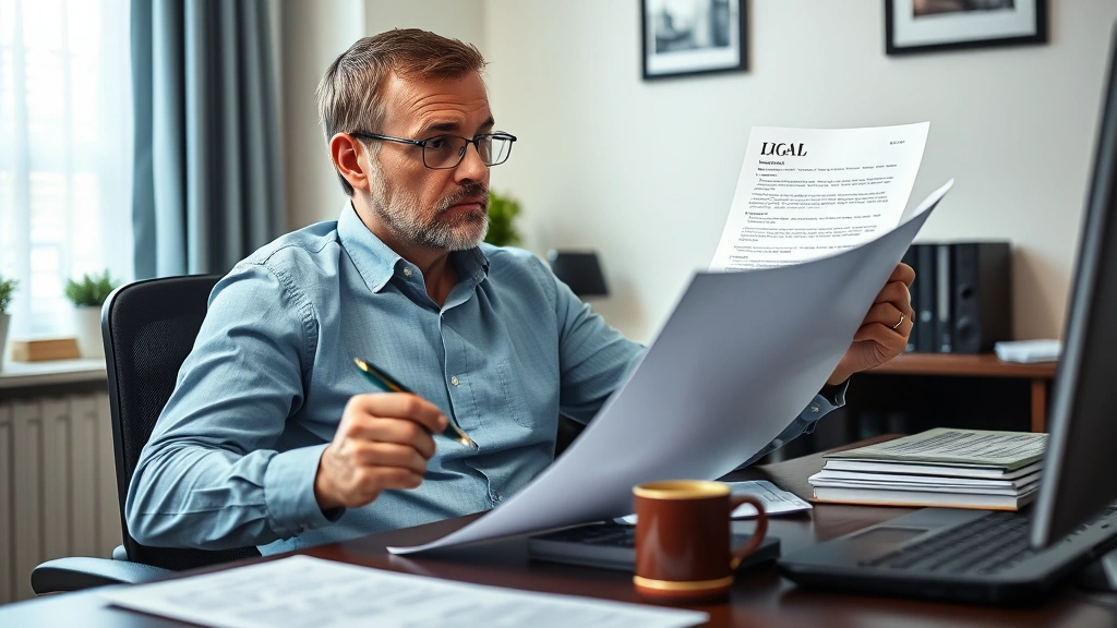 Man reviewing printed legal documents at desk with pen and coffee cup, professional casual attire, home office environment, thoughtful expression, organized papers