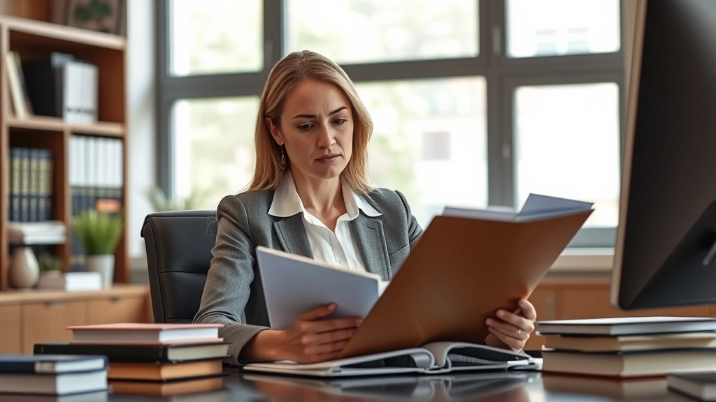 Professional female attorney in modern office reviewing case files at desk, natural window lighting, serious focused expression, contemporary legal workspace with law books and computer visible