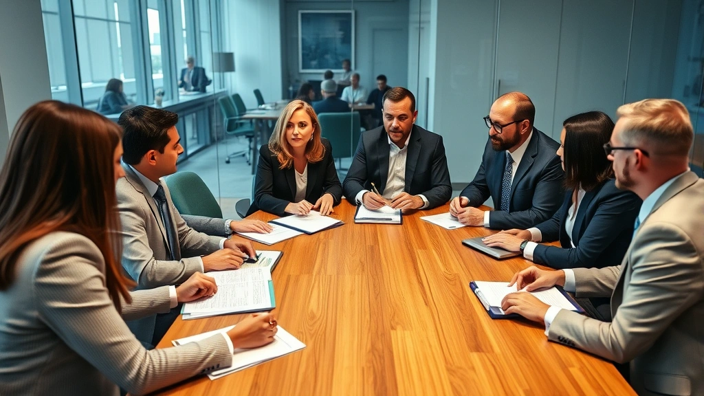 Diverse legal team in conference room during case strategy meeting, multiple attorneys collaborating around table with documents, professional business attire, engaged discussion body language
