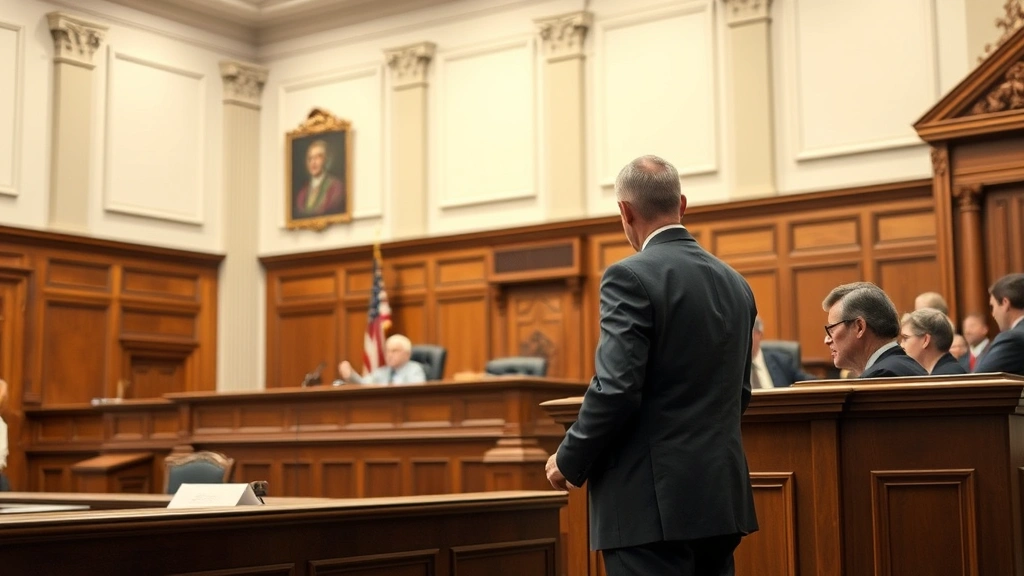 Courtroom scene with attorney standing before judge's bench during oral argument, professional business suit, confident posture, classical courtroom architecture, soft dramatic lighting