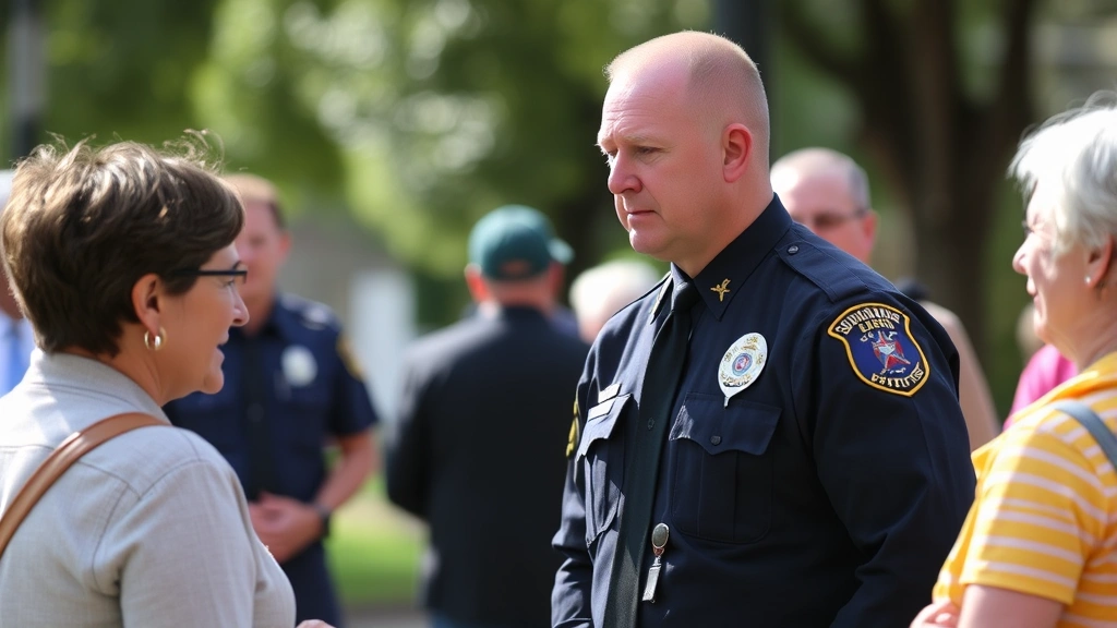 Professional law enforcement officer in uniform during community engagement event, respectful interaction with citizen, outdoor setting, natural lighting, serious professional demeanor