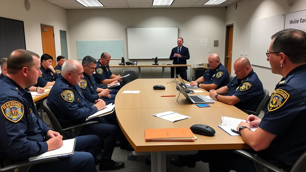 Law enforcement training classroom with officers taking notes, instructor presenting material, diverse group of officers, professional educational environment, focused learning atmosphere