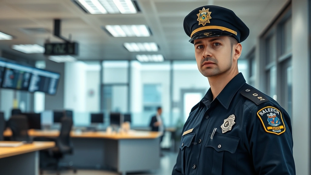 Professional police officer in uniform standing in modern police station interior with dispatch center visible in background, serious professional demeanor, natural lighting