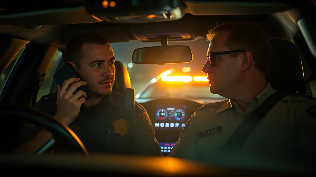 Law enforcement officers in patrol car interior during radio communication, one officer speaking into radio handset while partner listens, nighttime scene with dashboard lights illuminated