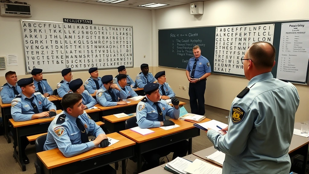 Police academy classroom with recruits in uniform seated at desks with training materials, instructor at front pointing to large phonetic alphabet chart on wall, serious professional training environment