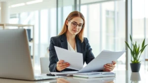 Professional female attorney in business suit reviewing case files at modern desk in bright law office, confident expression, natural lighting, modern workspace environment