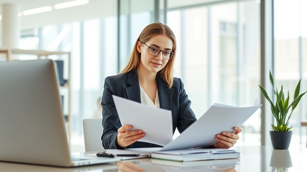 Professional female attorney in business suit reviewing case files at modern desk in bright law office, confident expression, natural lighting, modern workspace environment