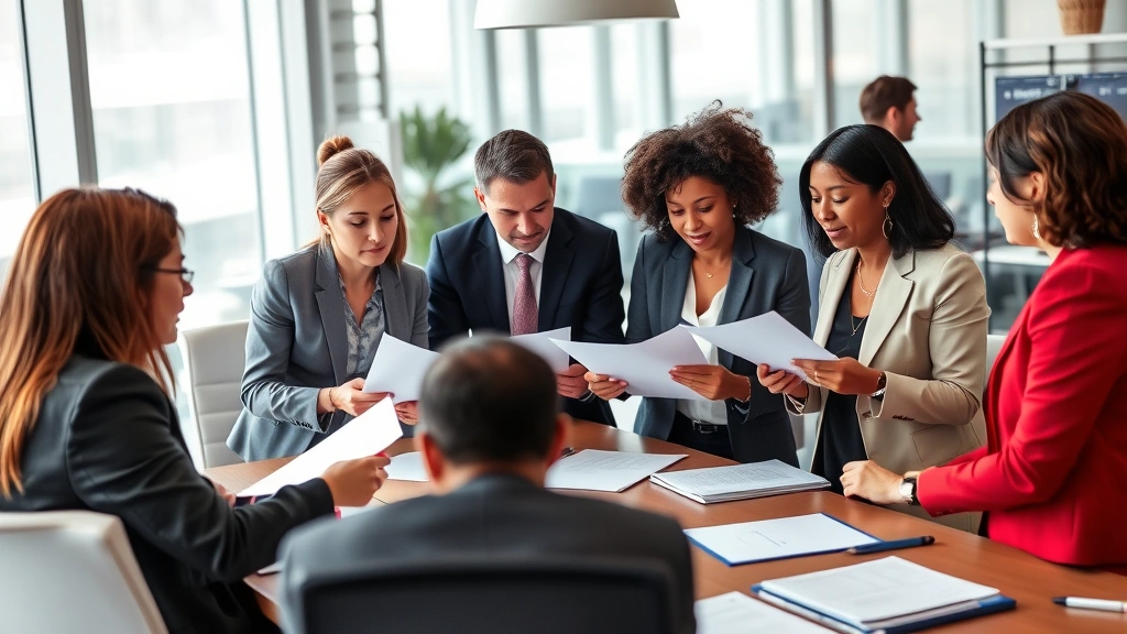 Diverse team of lawyers collaborating around conference table reviewing documents, professional attire, modern office setting, focused and engaged expressions