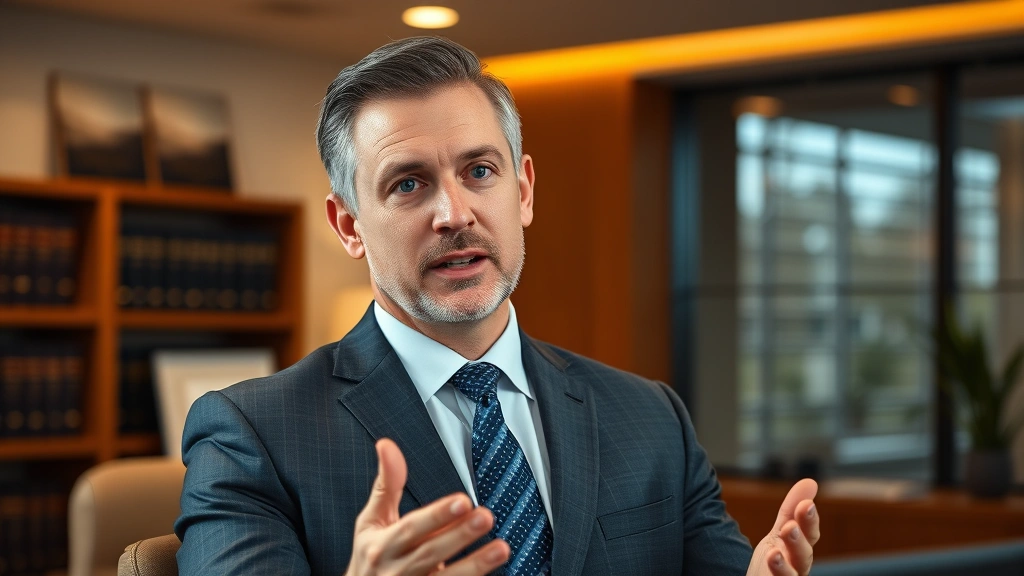 Mature male attorney in formal suit speaking with confident demeanor in professional law office environment, modern décor, warm professional lighting, approachable expression