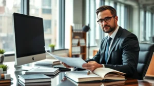 Professional male attorney in business suit reviewing documents at modern law office desk with law books and computer, natural daylight from office windows, confident expression