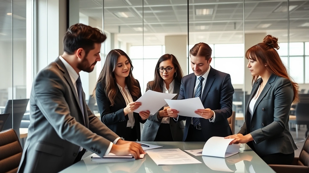 Diverse team of young lawyers in business casual attire collaborating in contemporary law firm conference room with glass walls, reviewing contracts and discussing strategy