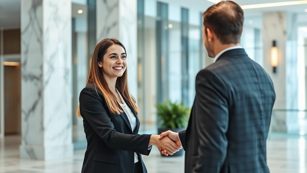 Female attorney in professional blazer smiling while shaking hands with colleague in modern law office lobby, marble and glass interior design, professional networking moment