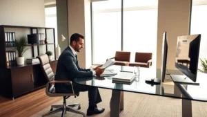 Professional law office setting with modern minimalist design, attorney reviewing documents at sleek glass desk with computer, natural lighting from large windows, contemporary office furniture, warm professional atmosphere, no visible text or signage
