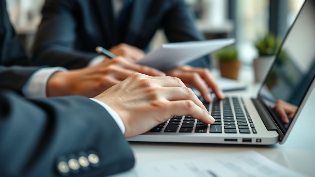 Close-up of hands typing on laptop keyboard during legal consultation, blurred background showing office environment, professional business attire visible, modern workspace with neutral tones, focused work atmosphere, no visible documents or text