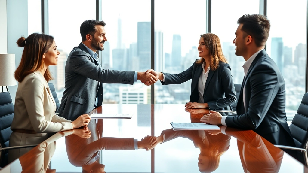 Modern office meeting room with attorney and client shaking hands across polished conference table, large windows showing city skyline, professional business casual clothing, contemporary interior design with neutral colors, genuine professional moment, no visible contracts or documents with text
