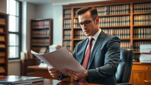 Professional lawyer in business suit reviewing legal documents in modern law office with mahogany desk, stacks of case files, and floor-to-ceiling law books, serious contemplative expression, natural window lighting, photorealistic professional environment