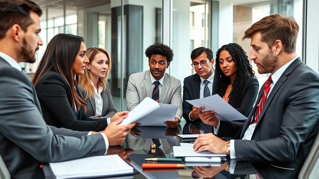 Diverse team of attorneys in conference room during serious case discussion, reviewing documents and taking notes, modern glass and steel office setting, focused expressions, collaborative legal environment, natural daylight from windows, professional atmosphere