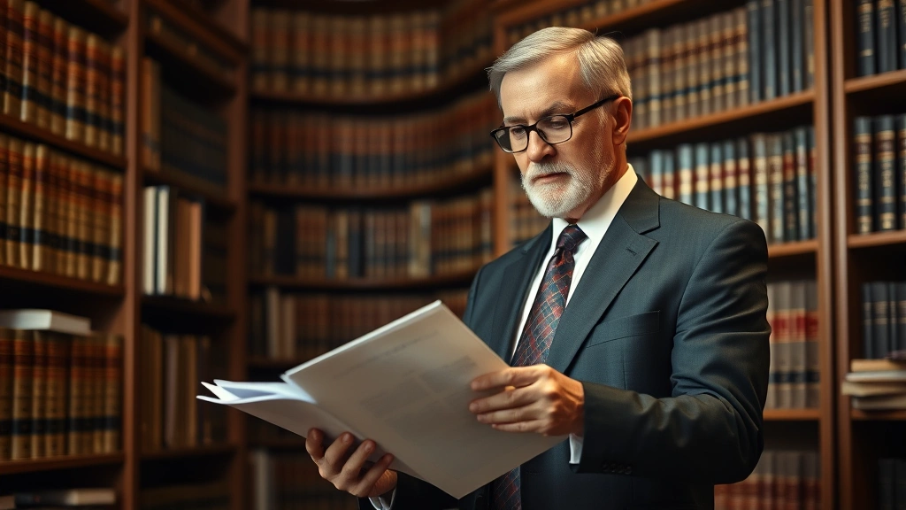 Senior attorney in formal business attire standing in law library surrounded by legal reference books and case reporters, reviewing documents with focused expression, traditional professional legal setting, warm library lighting, dignified professional demeanor