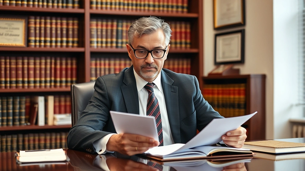 Professional middle-aged attorney in business suit reviewing documents at mahogany desk with glasses, serious focused expression, law office background with law books and diplomas on walls