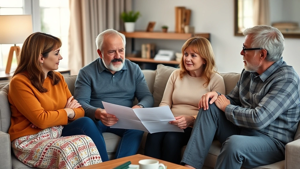 Diverse family of four generations sitting together in comfortable living room having serious conversation about estate planning, all looking thoughtful and engaged