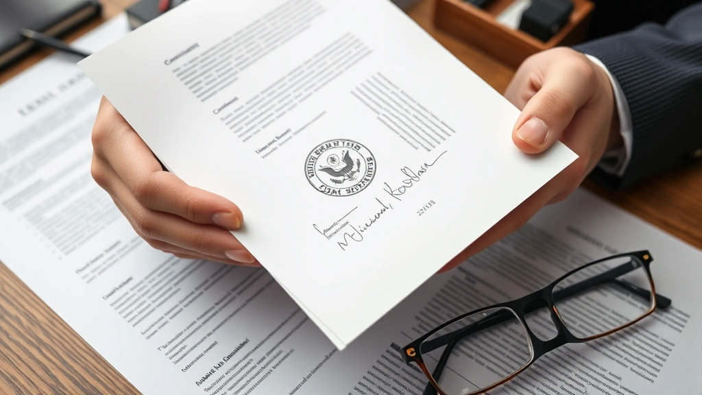 Close-up of hands holding an official document with seal and signature, professional notary stamp visible, formal legal paperwork on desk with reading glasses nearby