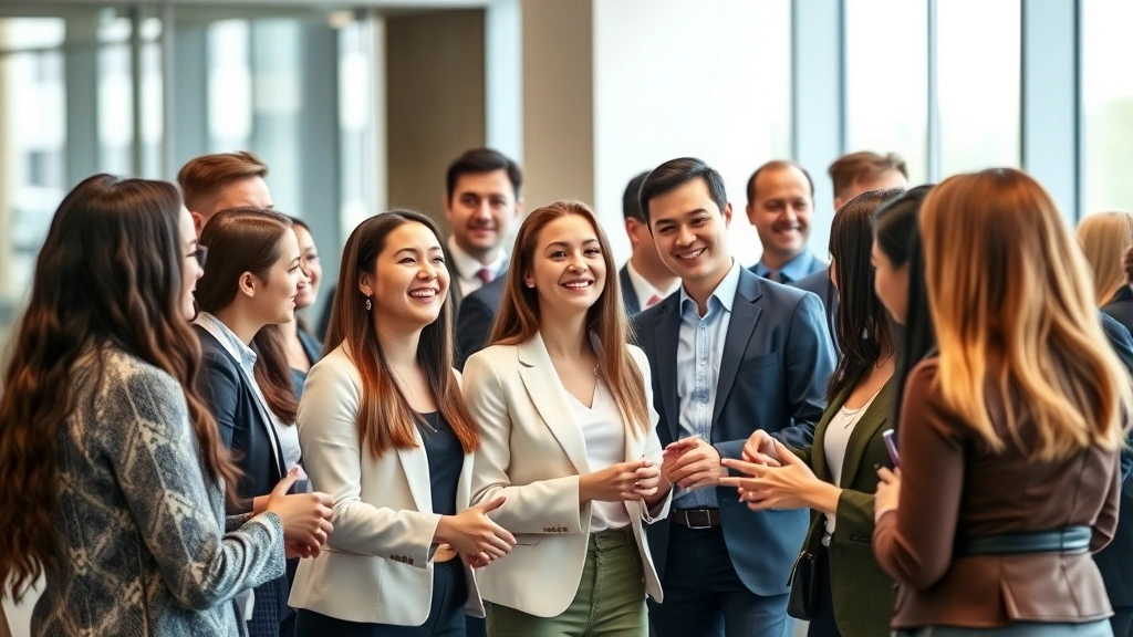 Diverse group of young professionals in business casual clothing attending a legal networking event, shaking hands and conversing, modern law office lobby setting, natural interaction and engagement