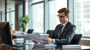 Professional young intern in business attire sitting at desk in modern law office, reviewing legal documents with focused concentration, natural lighting from office windows