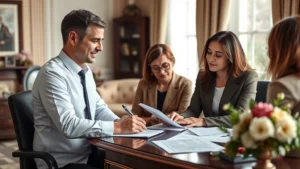 Professional funeral director consulting with grieving family members at elegant funeral home desk, compassionate expression, documents and flowers visible, soft natural lighting, respectful atmosphere