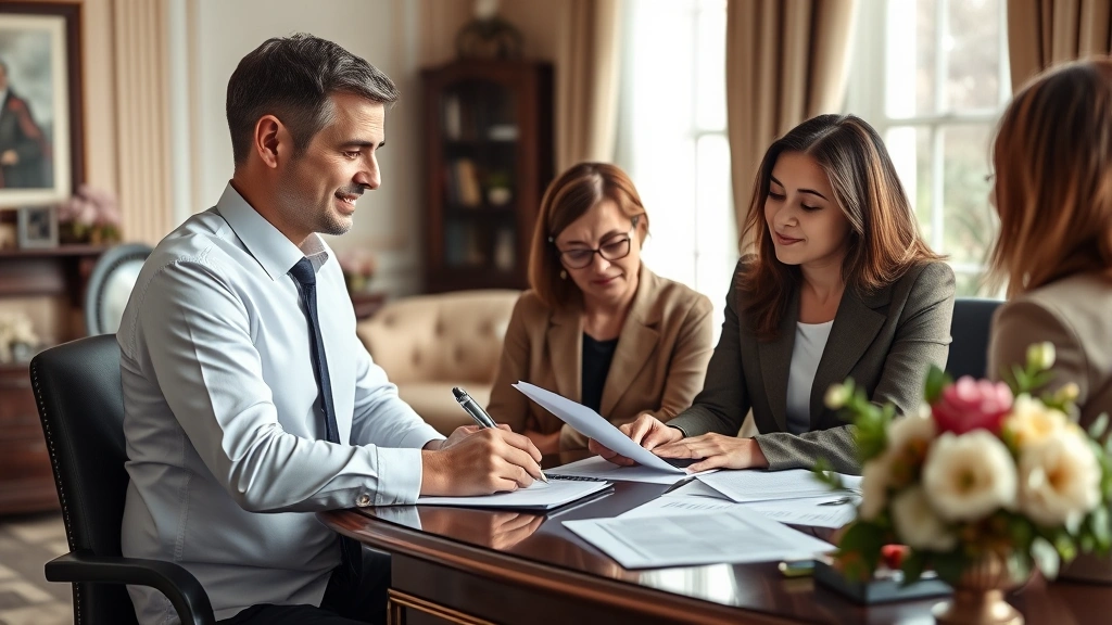 Professional funeral director consulting with grieving family members at elegant funeral home desk, compassionate expression, documents and flowers visible, soft natural lighting, respectful atmosphere