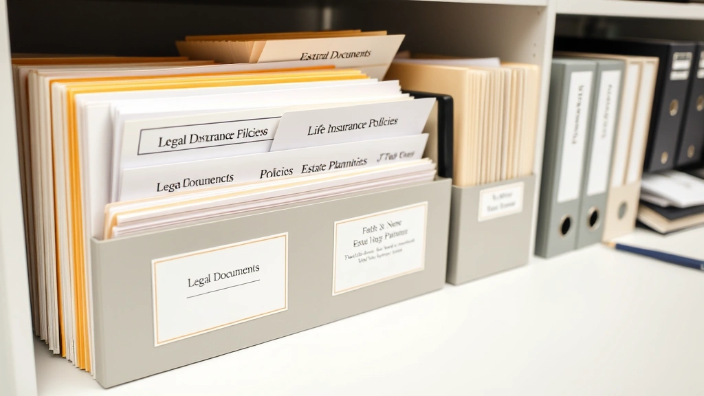 Organized filing system with legal documents, life insurance policies, and estate planning papers clearly labeled and stored, professional office setting, clean desk, organized folders