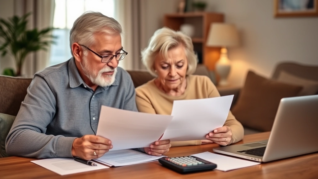 Elderly couple reviewing funeral planning documents together at home with financial advisor, warm lighting, comfortable setting, papers and calculators on table, peaceful atmosphere