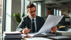 Professional lawyer reviewing contract documents at desk with legal briefs and paperwork, natural lighting, serious focused expression, modern office environment