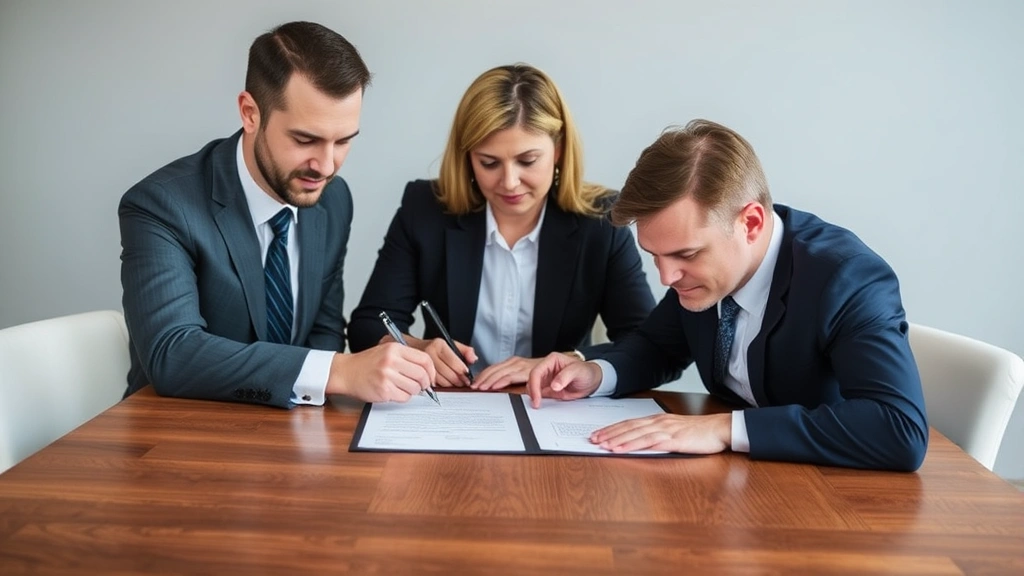 Real estate closing meeting with buyer, seller, and agent signing documents at wooden table, formal business attire, neutral background, professional atmosphere