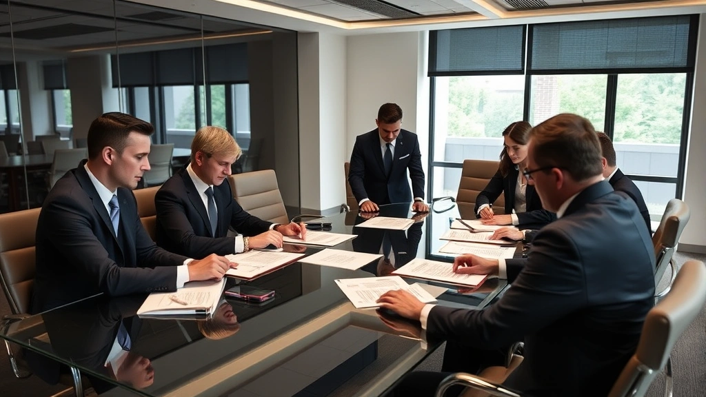 Corporate boardroom with business professionals examining contracts and agreement documents, modern glass conference table, natural light from windows, serious professional setting