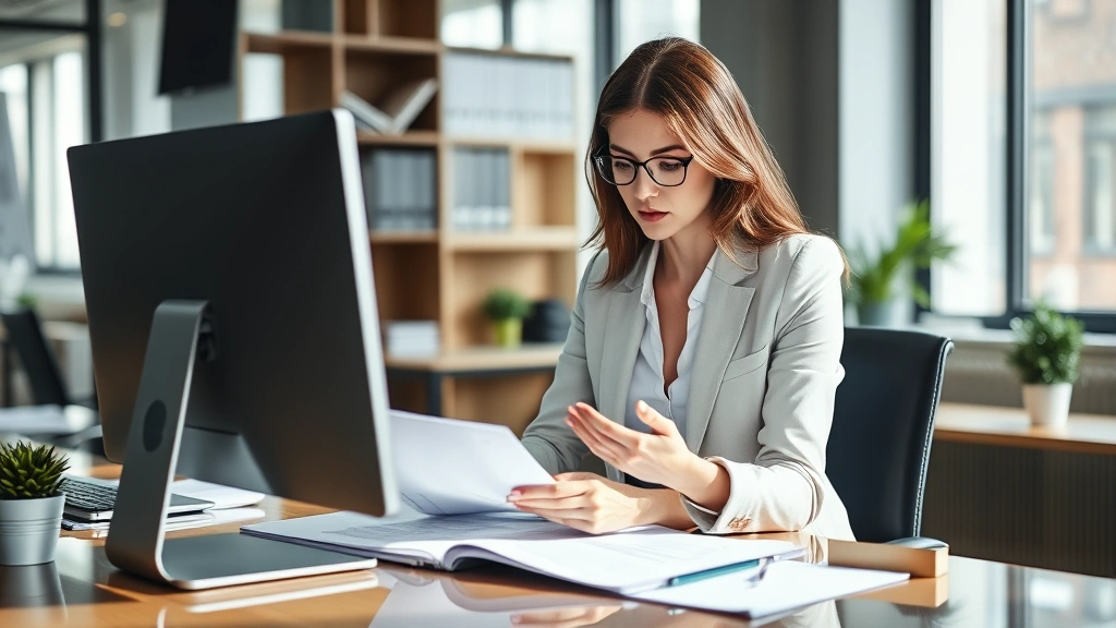 Professional woman attorney reviewing contract documents at modern law office desk with computer, serious focused expression, natural lighting, contemporary workspace