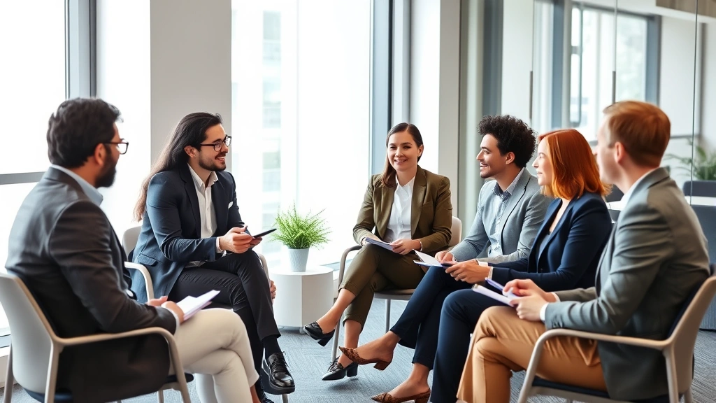 Diverse group of people in business casual attire sitting in professional coaching consultation circle, taking notes, engaged discussion, modern office environment, natural window lighting
