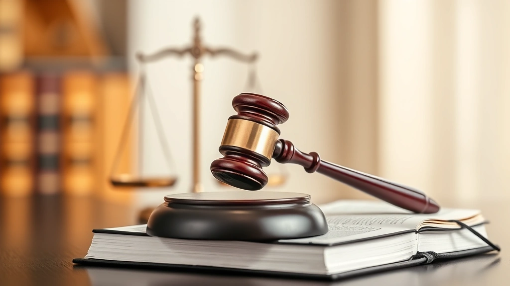 Gavel on law book with scales of justice in soft focus background, professional legal office setting, warm neutral lighting, symbolic representation of legal authority